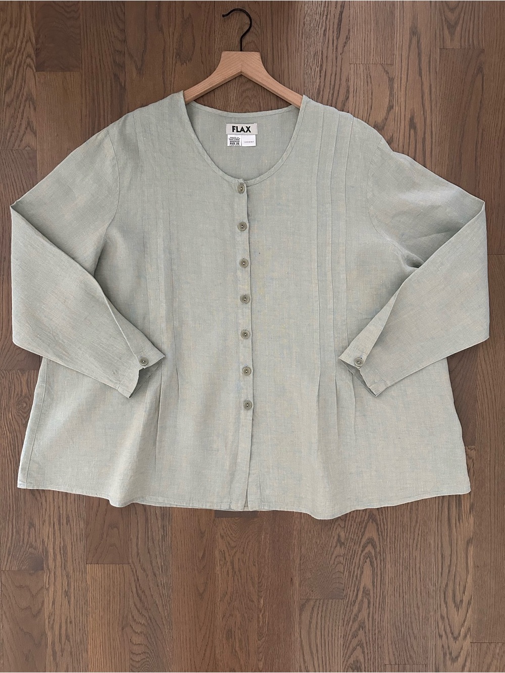 Vintage Flax Round Neck Button Front Pintucked Linen Blouse Pale Green Size 2XL
